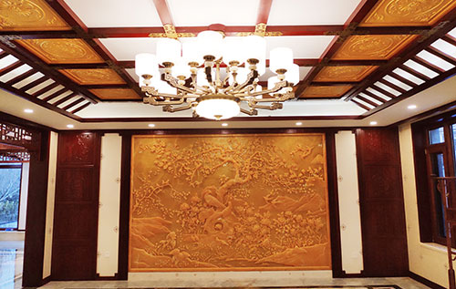 南溪中式别墅客厅中式木作横梁吊顶装饰展示